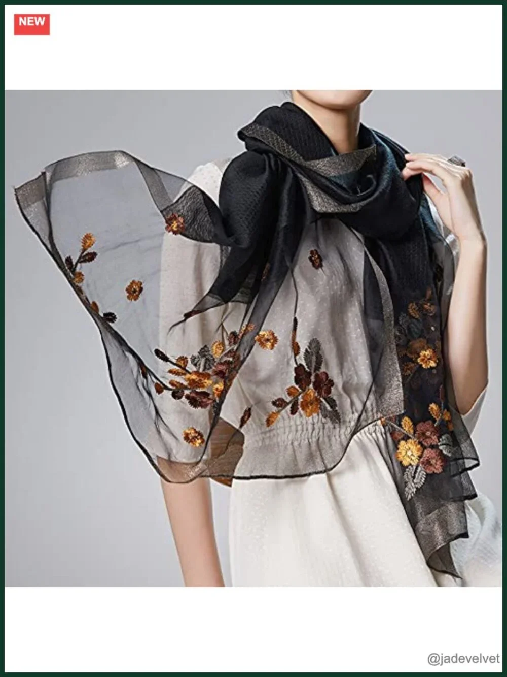 Silk Blend Embroidered Fashion Scarf Lightweight Shawl Wrap